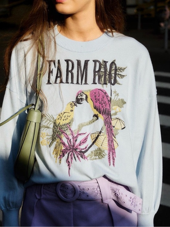 FARM Rio Sweaters - FARM Rio Pastel Blue Sweater with Pink & Yellow Embroidered Parrot Graphic NWT
